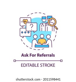 Ask for referrals concept icon. Professional clinical help. Find expert therapist. Choose family doctor idea thin line illustration. Vector isolated outline RGB color drawing. Editable stroke
