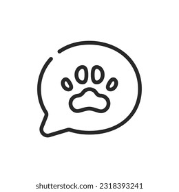 Ask Vet Help Icon. Vector Outline Editable Sign of Online Veterinary Consultation, Pet Chat Advice and Assistance. Chat Bubble with Animal Paw Print.