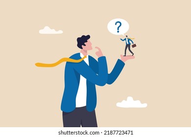Ask Yourself A Question, Process For Self Improvement, Personal Development, Problem Solving Or Review And Evaluation Concept, Curious Businessman Asking Himself For Answer With Big Question Mark.