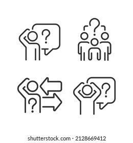 Preguntar y responder preguntas ajustes de iconos lineales. Campo de información compartida. Comunicación social. Símbolos de línea delgada personalizables. Ilustraciones aisladas del contorno vectorial. Trazo editable