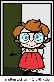 Asking to Come Inside with Hand Gesture - Teenager Cartoon Intelligent Girl Vector Illustration