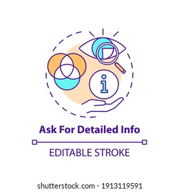 Asking for detailed info concept icon. Online shopping tip idea thin line illustration. Purchasing products. Clients well-being. Vector isolated outline RGB color drawing. Editable stroke
