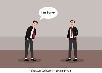 Asking forgiveness vector concept: Young businessman says sorry to his boss while bowing his body in the office