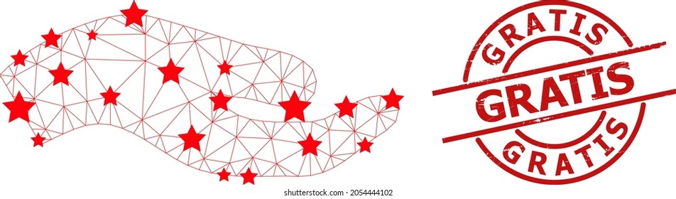 Asking hand star mesh network and grunge Gratis seal stamp. Red watermark with grunge texture and Gratis tag inside round shape. Gratis stamp seal uses round shape, red color.