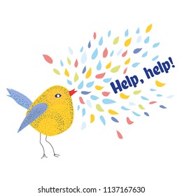 Asking for help card with bird and text. Vector graphic illustration