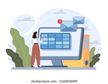 Asking for help concept. Business character seeking support from coworkers or tech hotline. Reaching for assistance with a problem or difficult situation. Flat vector illustration