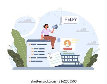 Asking for help concept. Business character seeking support from coworkers or tech hotline. Reaching for assistance with a problem or difficult situation. Flat vector illustration