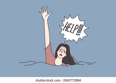 Asking for help and sos concept. Young woman cartoon character swimming drowning in water asking for help shouting trying to get attention vector illustration 