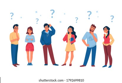 Asking People. Cartoon Curious Persons With Question Marks Solve Problem And Thinking. Vector Illustration Diverse Thoughtful Male And Female Characters With Searching Answer To Questions