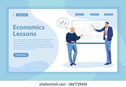 Asking Professor Economics Qualifying Question. Plump Blond Student Wearing Glasses Talking to Tutor, Standing with Pointer in Front Board and Explaining Financial Graph Specifics to His Charge.