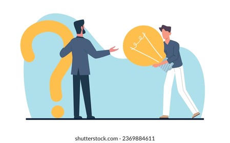 Asking question and getting answer, solving problem and finding solution. Man hold huge light blub. FAQ service. Businessman ask for reply or idea. Cartoon flat isolated vector concept