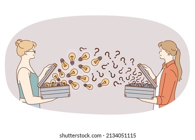Asking question and having idea concept. Young women standing and opening boxes with question marks and light bulbs opposite each other vector illustration 