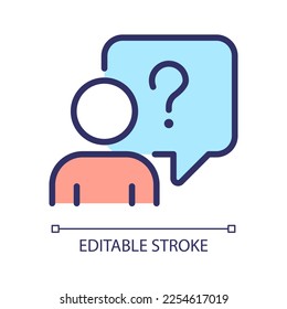 Asking question pixel perfect RGB color icon. Confused person with speech bubble. Information support service. Isolated vector illustration. Simple filled line drawing. Editable stroke