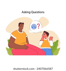 Asking Questions concept. A concerned child inquisitively questions a calm adult, illustrating the importance of curiosity and understanding in learning. Flat vector illustration