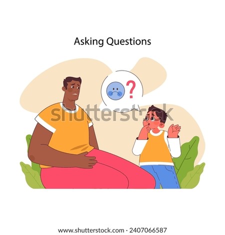 Asking Questions concept. A concerned child inquisitively questions a calm adult, illustrating the importance of curiosity and understanding in learning. Flat vector illustration