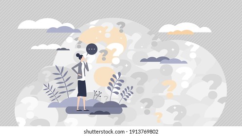 Asking questions with doubt, confusion and unknown information tiny person concept. Female with many question marks symbols in thoughtful posture vector illustration. Search answer to various problems