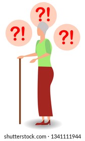 Asking questions elderly woman holding walking stick isolated on white background. Fanny granny hand up with question marks cartoon animated personage. Old female patient need help vector illustration
