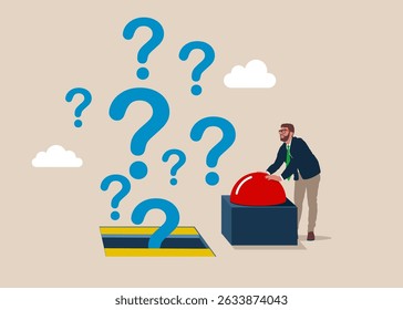 Asking questions for solution. Businessman presses the start red button. Push start to open door and to see question marks. Thinking of who what where when why and how. Flat vector illustration