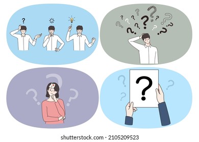 Asking searching for decision concept. Set of young people with question mark around feeling doubt trying to find best decision need help or great idea for business vector illustration 