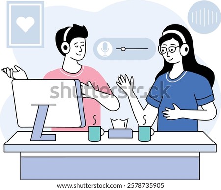 asking thought-provoking questions for captivating guest discussions concept, airing weekly   podcast series vector design, slice-of-life journalism scene, Web television series banner, vodcast  audio