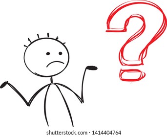 Asking Worried Uncertain Man With Red Question Mark Interrogation Point Hand Drawing Sketches Vector