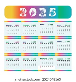 ASL 2025 cute calendar, American Sign Language calendar for 2025 year, ASL calendar Vector Graphic Design