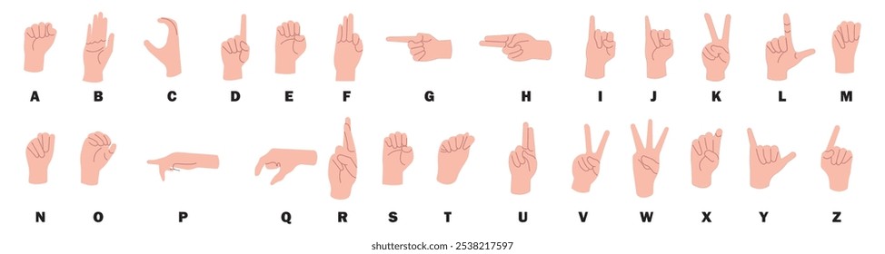 ASL finger alphabet icon set for educational posters on American Sign Language