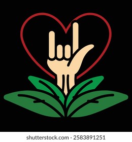 ASL "I Love You" hand with heart and leaves vector illustration design. Modern, meaningful, and inclusive art for creative projects and sign language visuals.