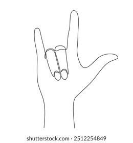 ASL. Popular sign of the deaf "I love you". Line drawing of a hand with a love sign. ILY sign of American Sign Language, I love you, love, hand. I, L, Y.