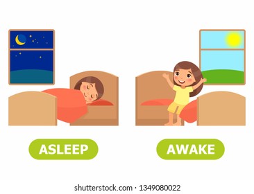 ASLEEP And AWAKE Antonyms Word Card Vector Template. Flashcard For English Language Learning. Opposites Concept. Littl  Girl Falls Asleep, Wakes Up. Illustration With Typography