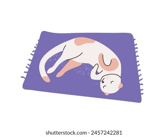 Asleep cat spreading on bed and has a rest. Cute kitten with spotted coat sleeps on blanket. Tired kitty relaxes. Lazy pet, domestic animal. Flat isolated vector illustration on white background