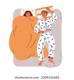 Asleep couple in bed. People sleeping, dreaming, reposing at night. Woman feeling cold, covered with blanket, duvet and man in pajamas uncovered. Flat vector illustration isolated on white background