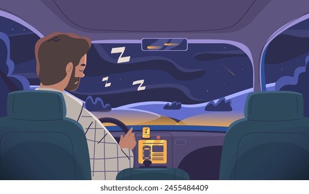 Conductor dormido. Somnolencia al conducir, tipo dormido que conduce el coche en la carretera de la ciudad tarde noche, somnoliento cansado conductor borracho camino de tráfico, fatiga chofer peligro accidente Ilustración vectorial de conductor del coche dormido