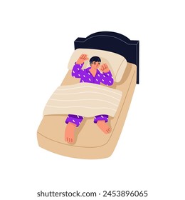 Asleep kid lying on pillow top view. Little boy in cute pajama sleep at night. Tired child has rest in comfortable bed, naps under blanket. Flat isolated vector illustration on white background