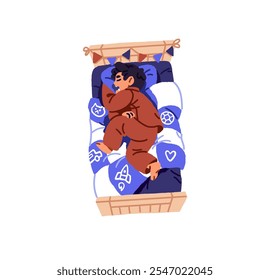 Asleep little boy relaxes on pillow top view. Tired child sleeps with open mouth, drooling. Cute kid in pajamas has rest, dreams in bed at night. Flat isolated vector illustration on white background