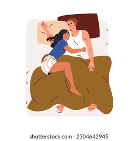 Asleep love couple in bed, top view. Woman sleeping, cuddling dreaming man with leg. Family, husband and wife, reposing at night, hugging. Flat vector illustration isolated on white background