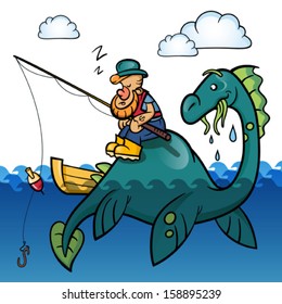 Asleep scattered fisherman fishing on the sea dinosaur. Hand-drawn vector illustration for children. Ideal for t-shirt or case for gadget.