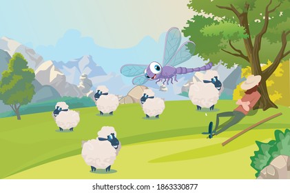 asleep shepherd with flock of sheep, rural landscape, farm, summer landscape, template flat illustration