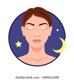 Asleep woman at night. Cute girl sleep good. Nighttime relaxation. Isolated vector illustration in cartoon style