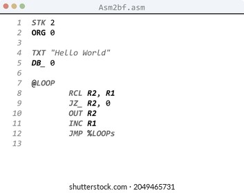 Asm2bf language Hello World program sample in editor window