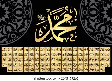 Asma ur Rasool (names of Prophet Muhammad Peace be upon Him). Golden vector arabic calligraphy. Suitable for print, placement on poster and web sites for Islamic education.