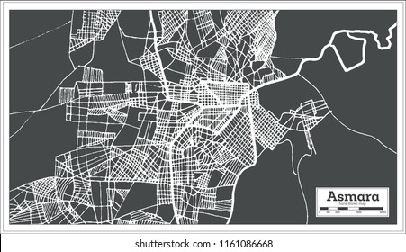 Mapa de la ciudad de Asmara Eritrea en estilo retro. Mapa de esquema. Ilustración vectorial.