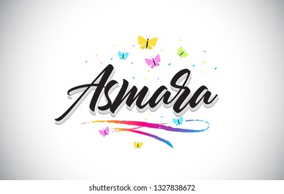 Asmara Handwritten Word Text with Butterflies and Colorful Swoosh Vector Illustration Design.