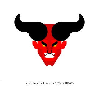 Asmodeus Devil with horns head. Beelzebub lord of darkness. Lucifer boss hell. Red demon face. Horned Satan muzzle. 
