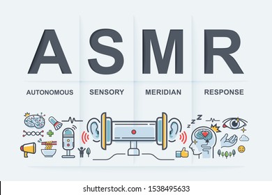 ASMR banner web icon for healthy, Autonomous sensory meridian response, Earphones, heart shape, sound waves as a symbol of enjoying sounds, whisper and music. Flat cartoon infographic.