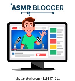 ASMR Blogger Channel Vector. Man. Whisper. Insomnia Concept Isolated Illustration