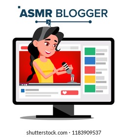 ASMR Blogger Channel Vector. Woman. Relax Effect. Insomnia Concept. Popular Video Streamer Blogger. Isolated Illustration
