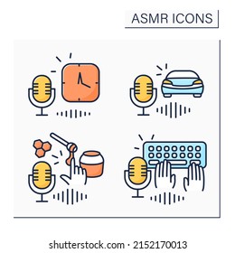 ASMR color icons set. Typing on keyboards, honey eating, car driving and clock sounds.Modern trends. Internet trend concept. Isolated vector illustration