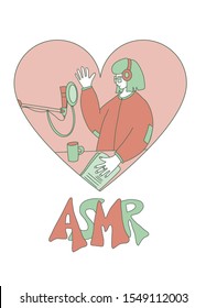 ASMR emblem. Wisper artist with acronym in doodle style. Autonomous Sensory Meridian Response text. Cute girl recording a relaxation sounds and other positive and chill content. Vector illustartion.