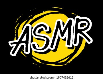 ASMR handwritten lettering on black and yellow background. Podcasting, broadcasting, online radio, interview. Podcast channel logo. Design for posters, T-shirts, banners, print invitations.